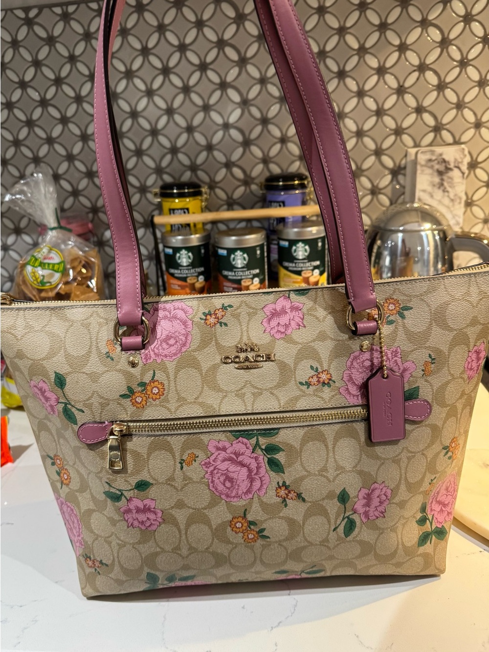 Coach Floral Rose Signature Tote Pink Trim Hangtag EUC
